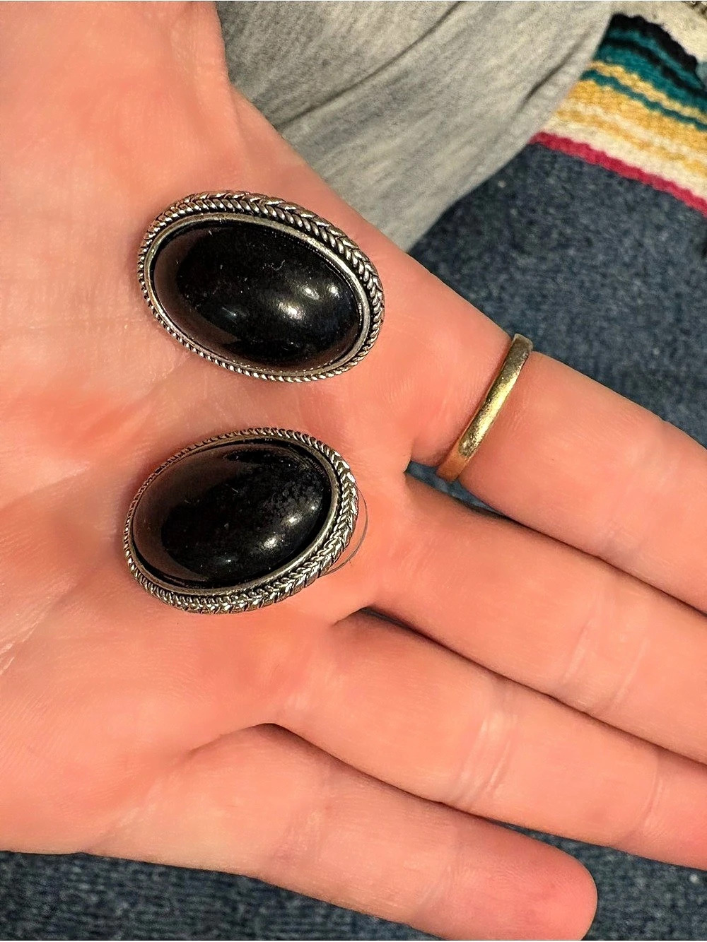 Oval Black & Silver Stone Screw-Back Earrings